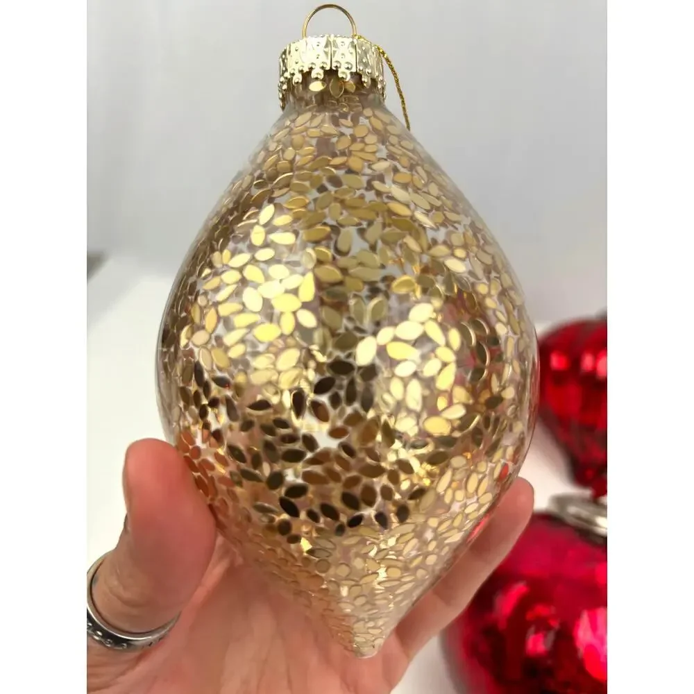 VTG Lot of 6 Glitter Glass Ornaments Round‎ Sphere Red Gold Heavy Tree Decor